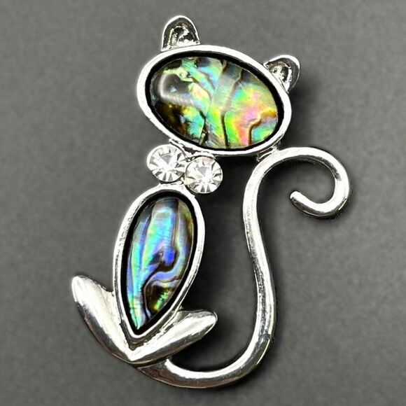 Silver with Diamond Crystal and Abalone Shell Inlay Kitty Cat Pin Back Brooch - Picture 1 of 7